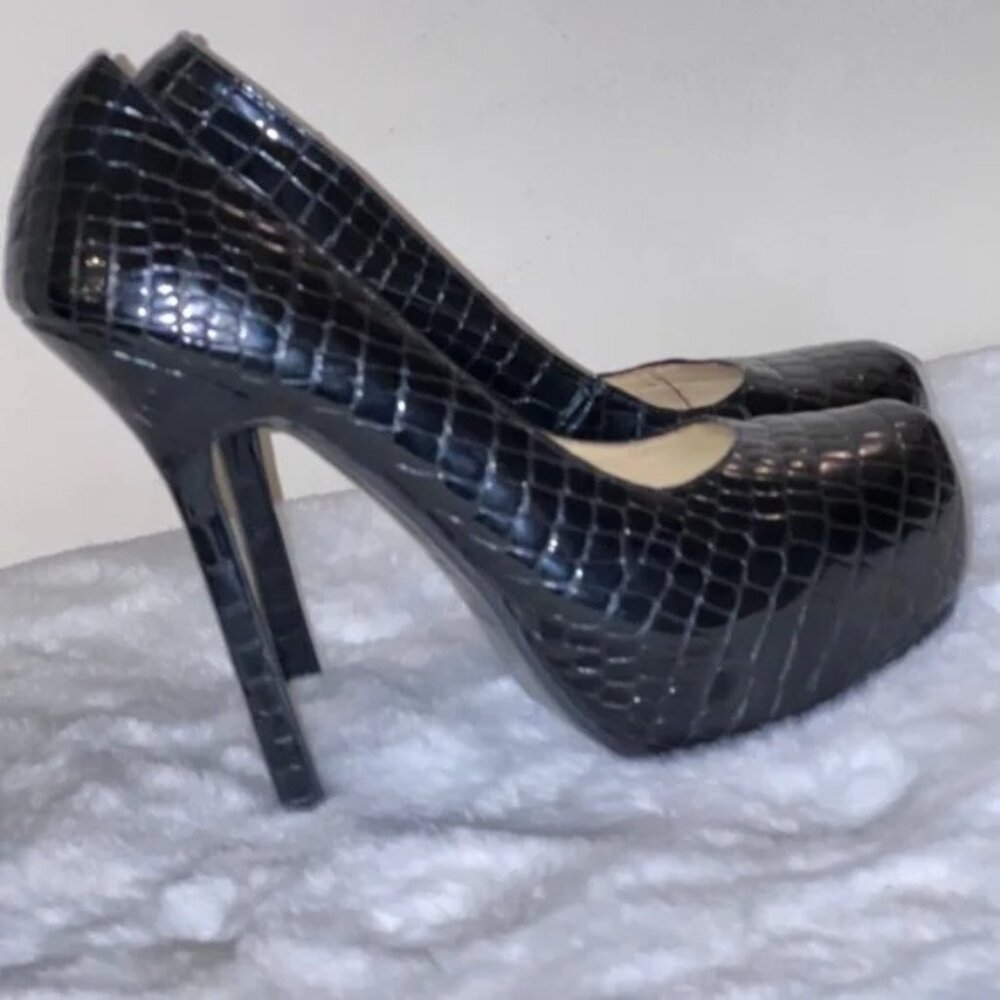 YSL Womens Patent Leather Crocodile-Embossed Platform Pumps Size 38 Black
